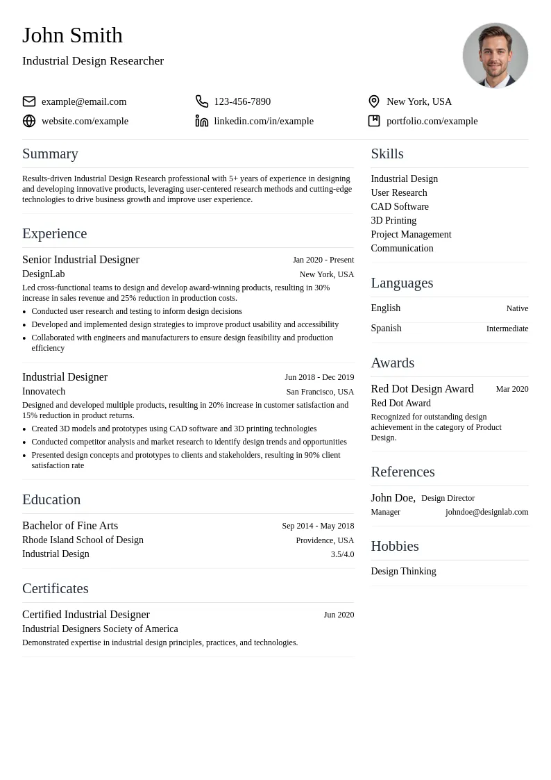 Industrial Design Research resume example