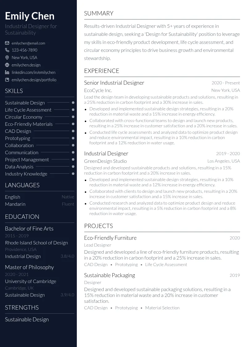 Design for Sustainability resume example