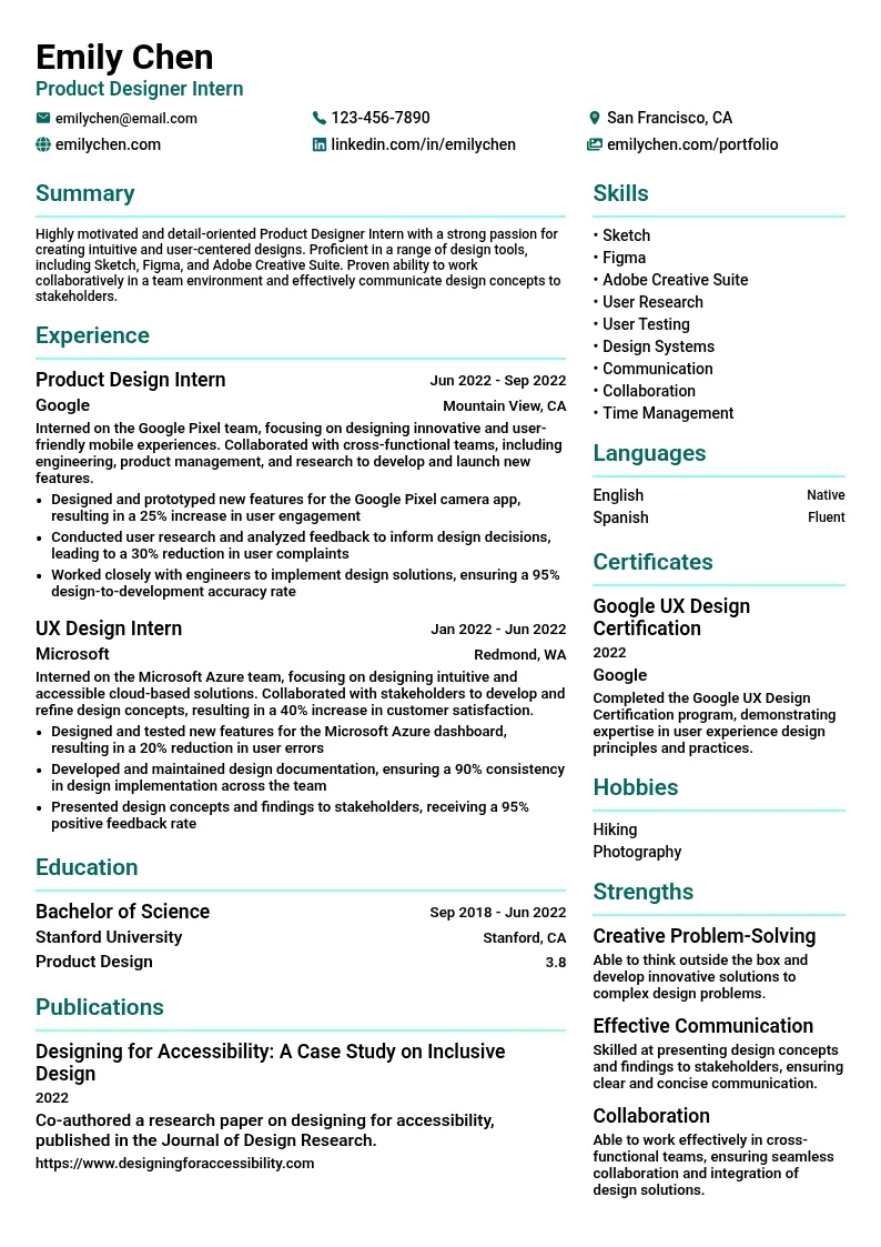 Product Designer Intern resume example