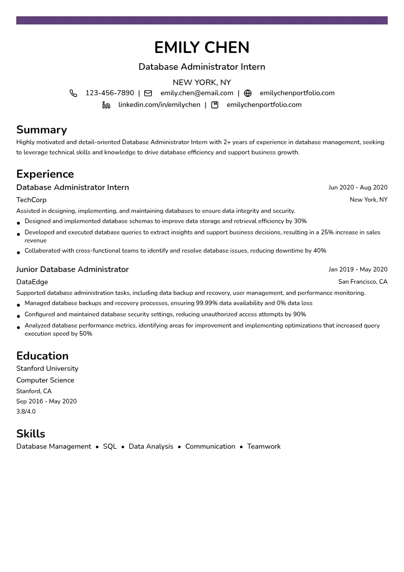 Database Administrator Intern resume example