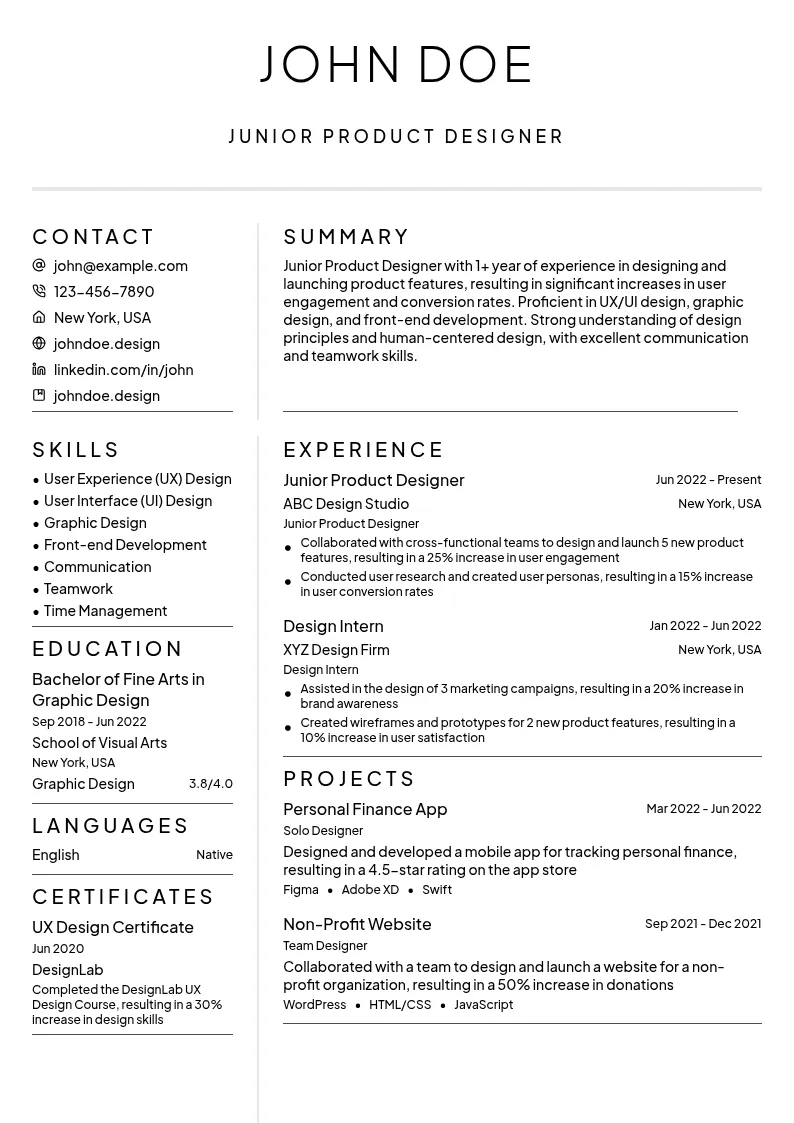 Junior Product Designer resume example