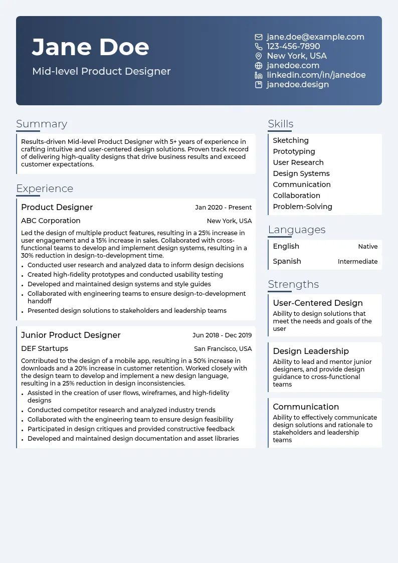 Mid-level Product Designer resume example