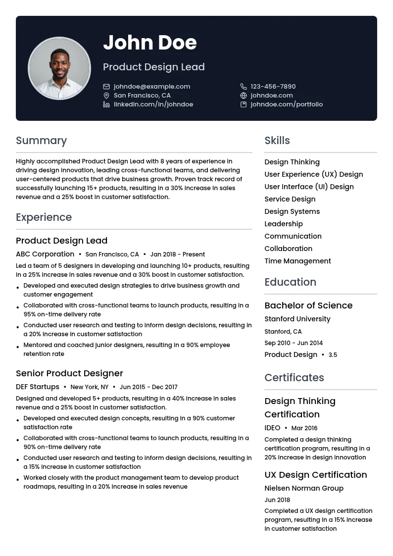 Product Design Lead resume example