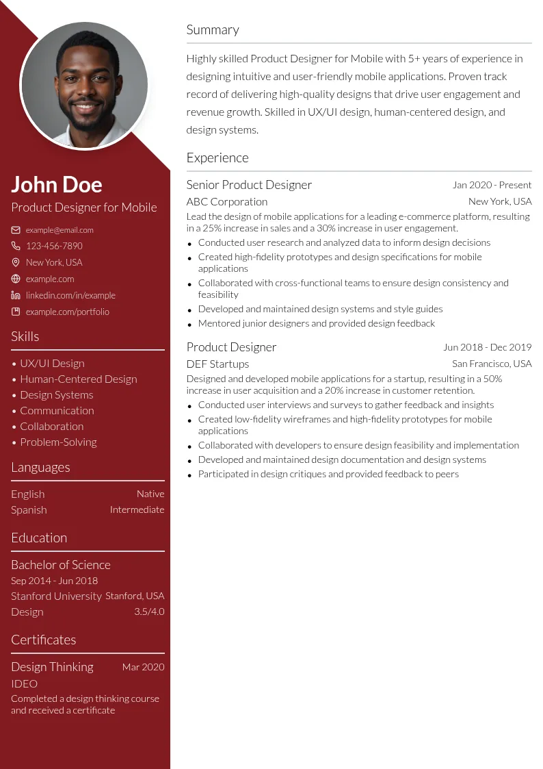 Product Designer for Mobile resume example