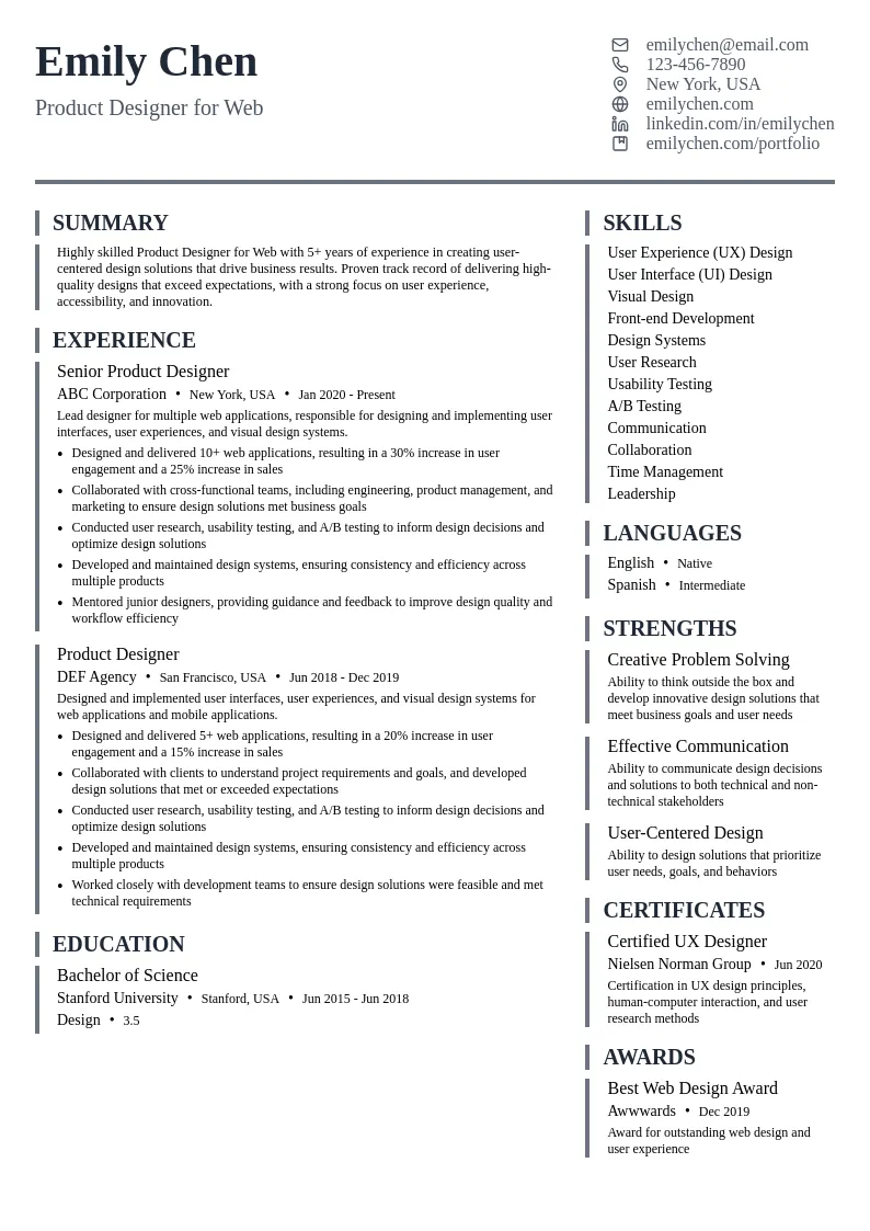Product Designer for Web resume example