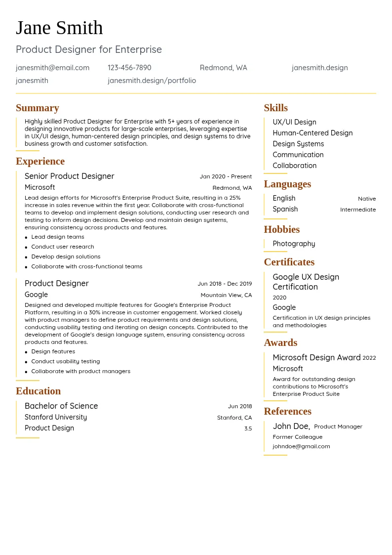 Product Designer for Enterprise resume example