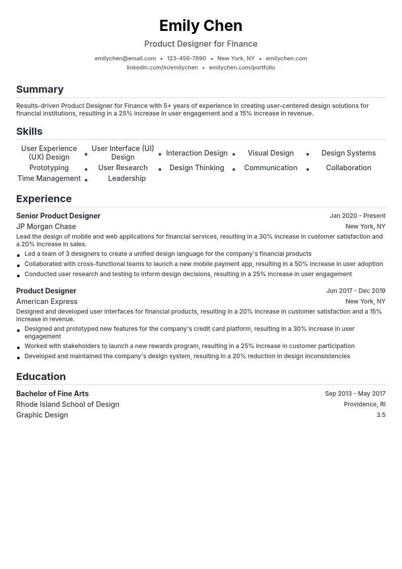 Product Designer for Finance resume example