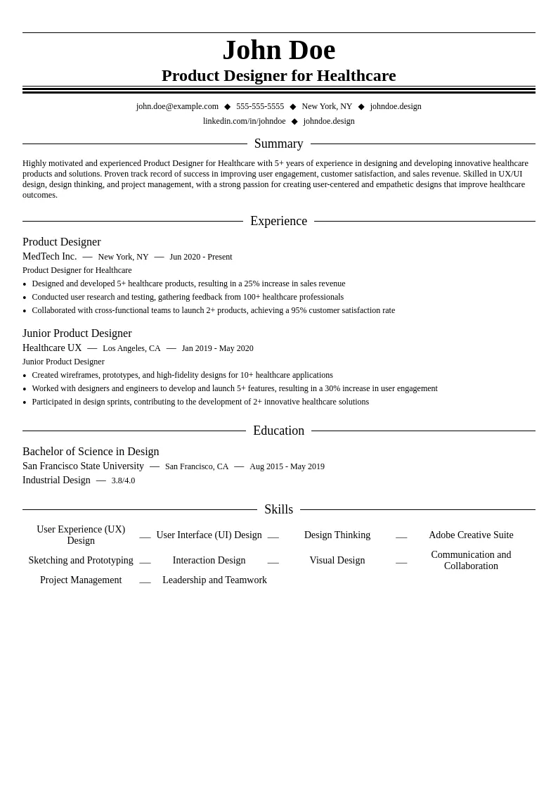 Product Designer for Healthcare resume example