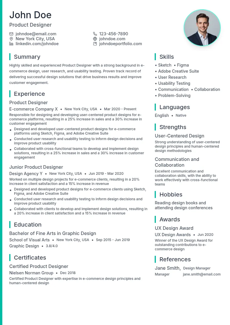 Product Designer for E-commerce resume example