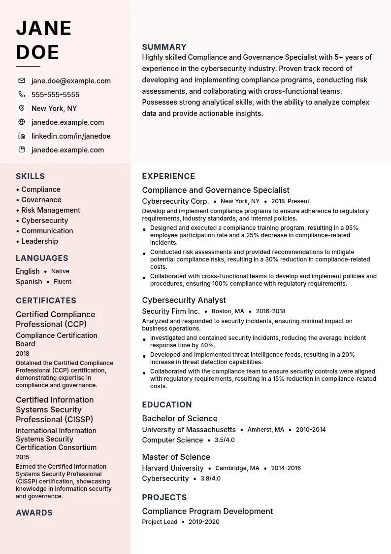Compliance and Governance resume example