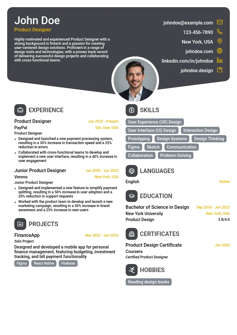 Product Designer for Fintech resume example