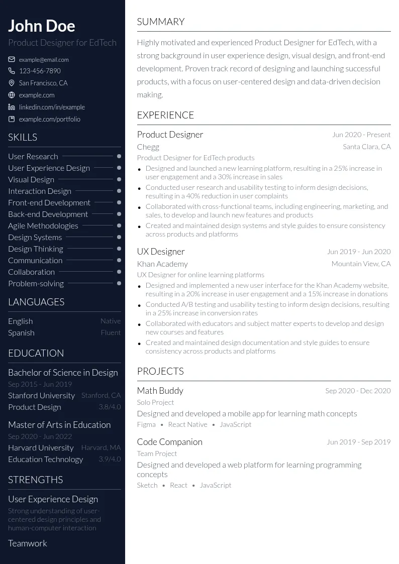 Product Designer for EdTech resume example
