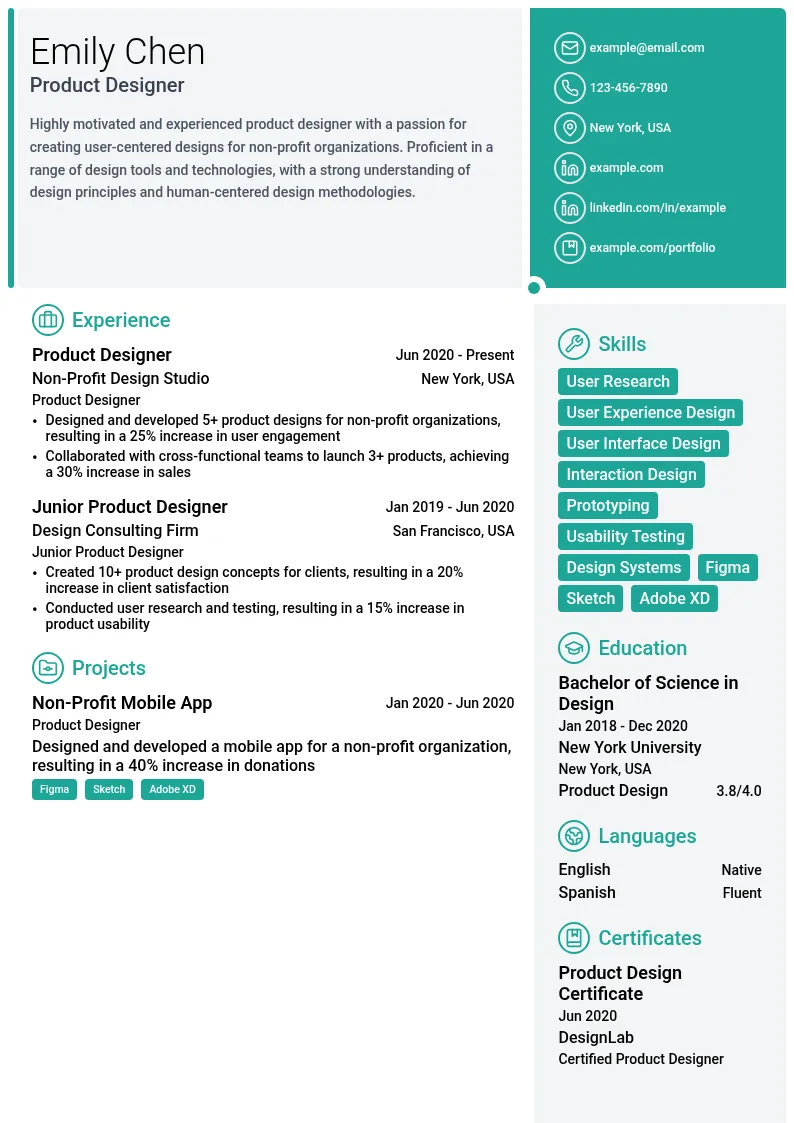 Product Designer for Non-profit resume example