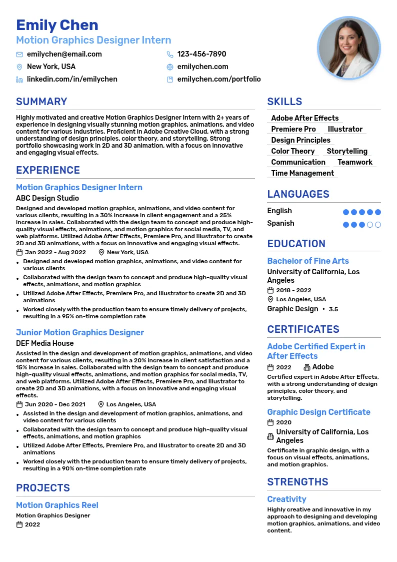 Motion Graphics Designer Intern resume example
