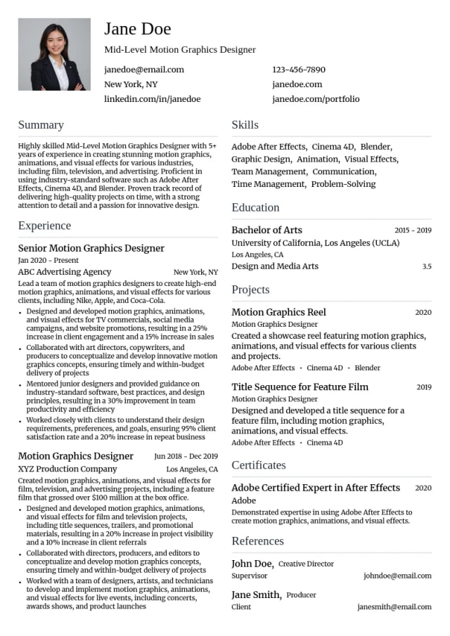 Mid-Level Motion Graphics Designer resume example