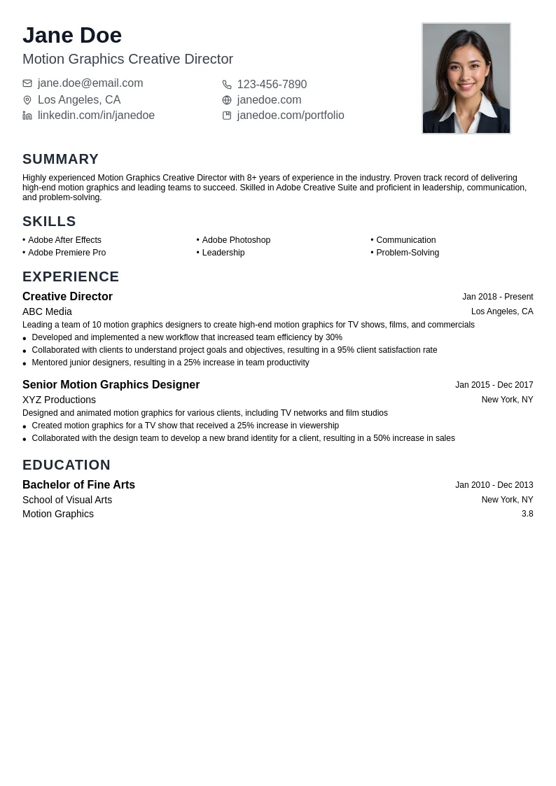Motion Graphics Creative Director resume example