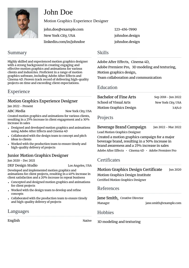 Motion Graphics Experience Designer resume example
