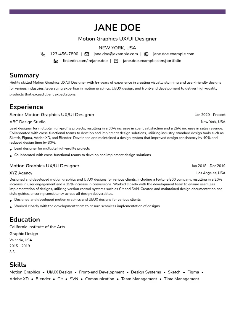 Motion Graphics UX/UI Designer resume example