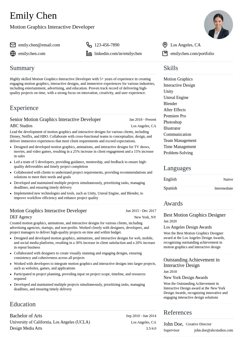 Motion Graphics Interactive Developer resume example