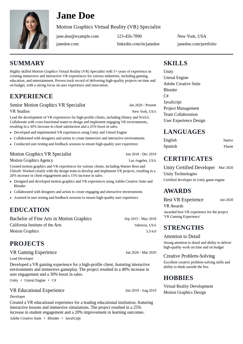 Motion Graphics Virtual Reality (VR) Specialist resume example