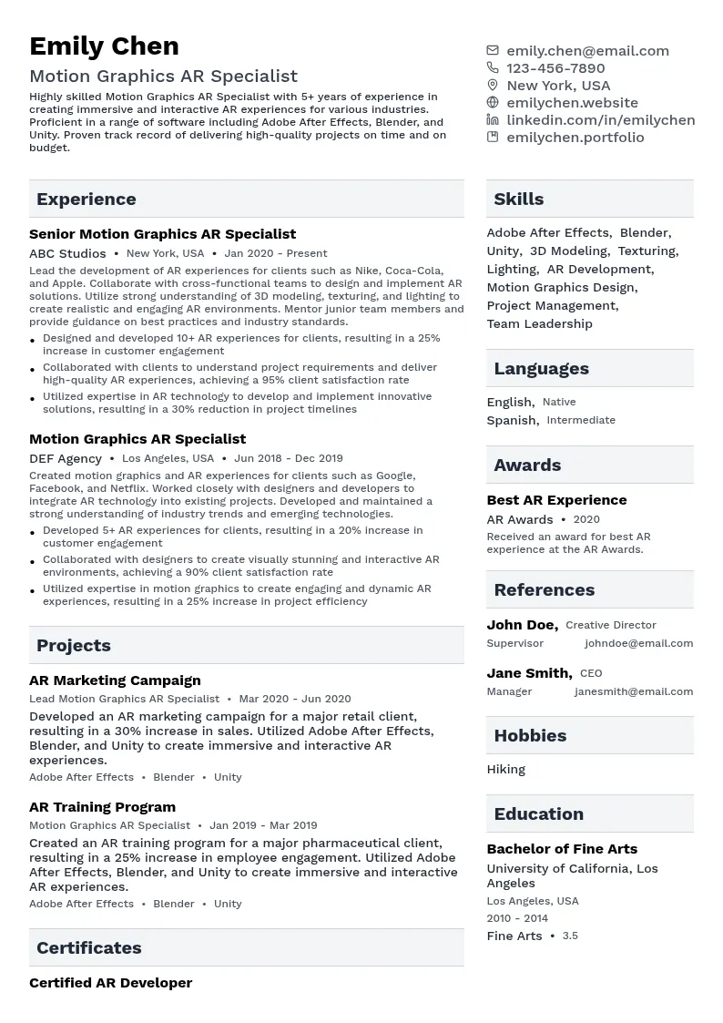 Motion Graphics Augmented Reality (AR) Specialist resume example