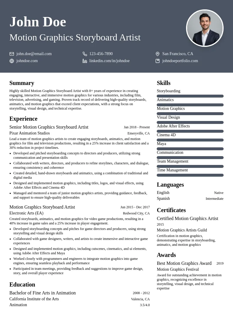 Motion Graphics Storyboard Artist resume example