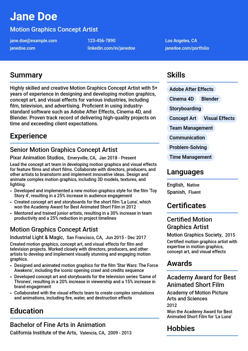 Motion Graphics Concept Artist resume example
