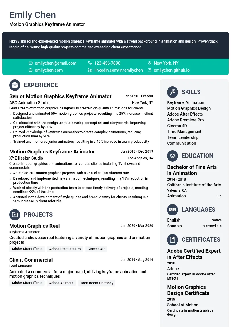 Motion Graphics Keyframe Animator resume example