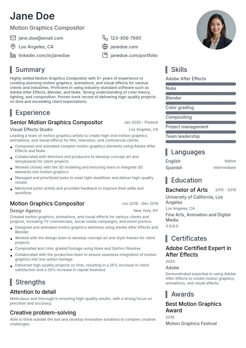 Motion Graphics Compositor resume example