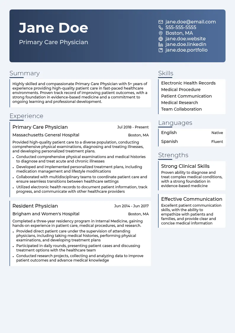 Primary Care Physician resume example