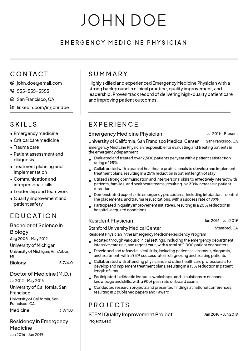 Emergency Medicine Physician resume example