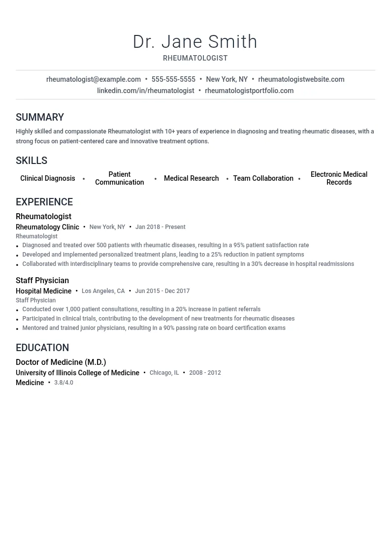 Rheumatologist resume example