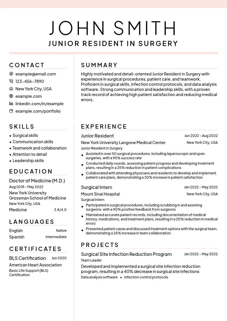 Junior Resident resume example