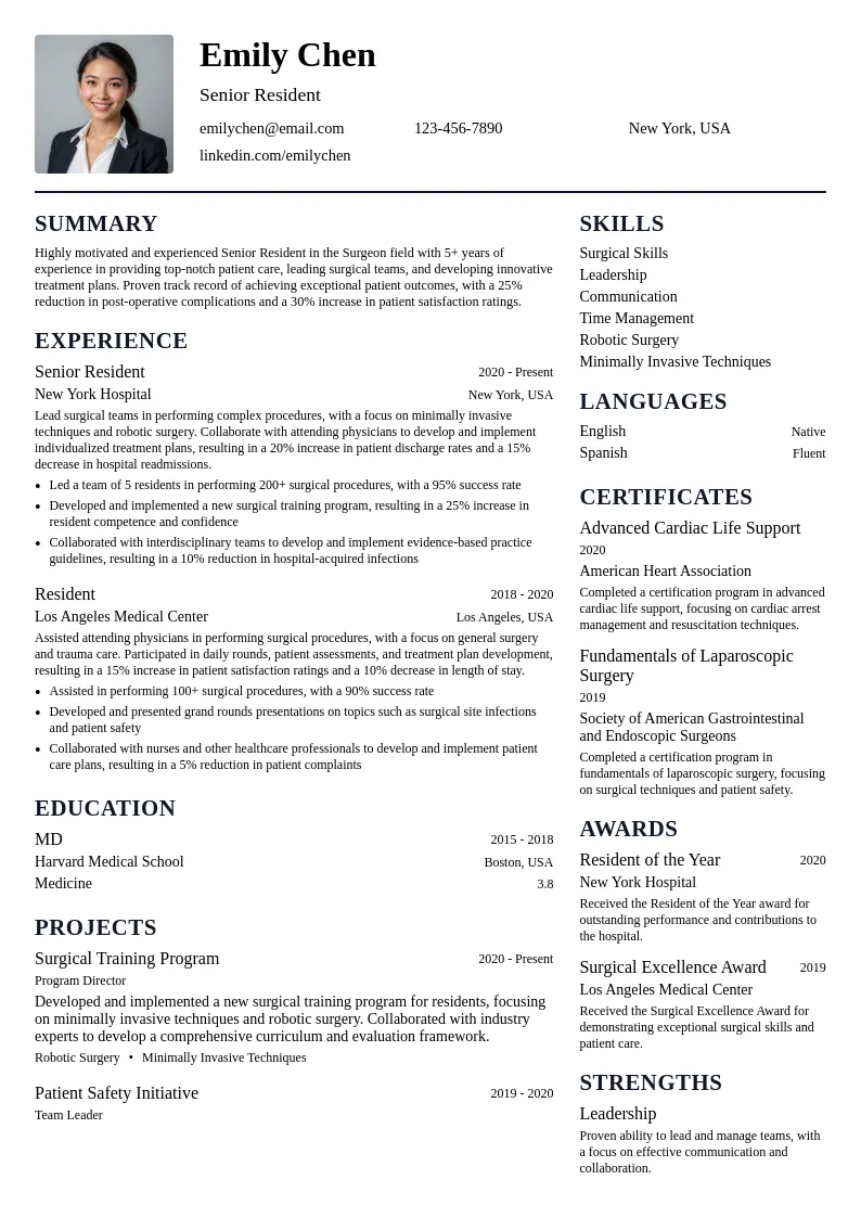 Senior Resident resume example