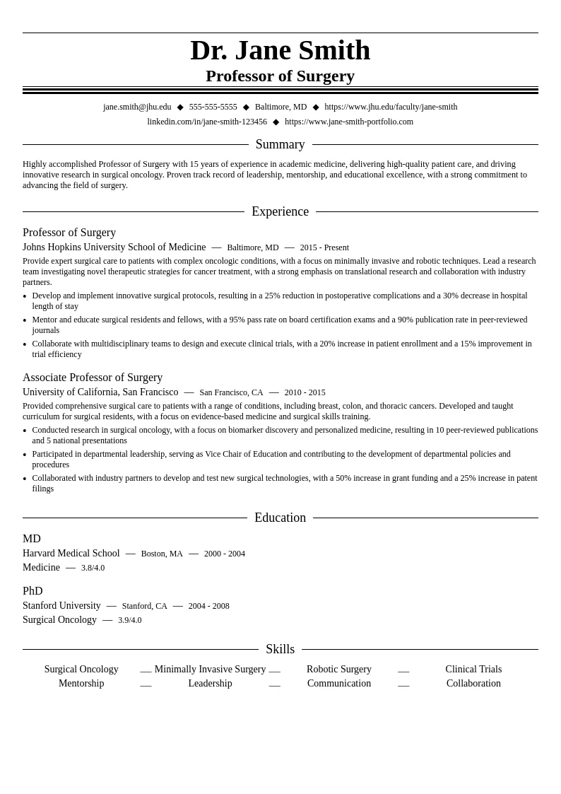 Professor of Surgery resume example