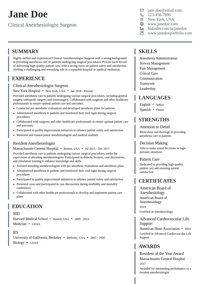 Clinical Anesthesiologist Surgeon resume example