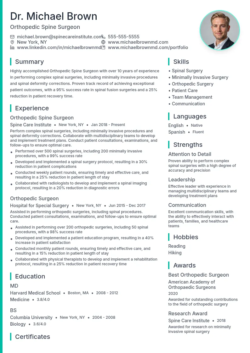 Orthopedic Spine Surgeon resume example