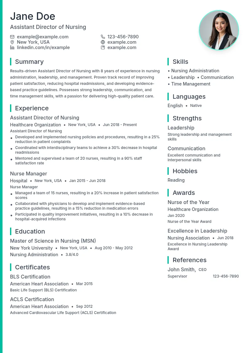 Assistant Director of Nursing (ADON) resume example