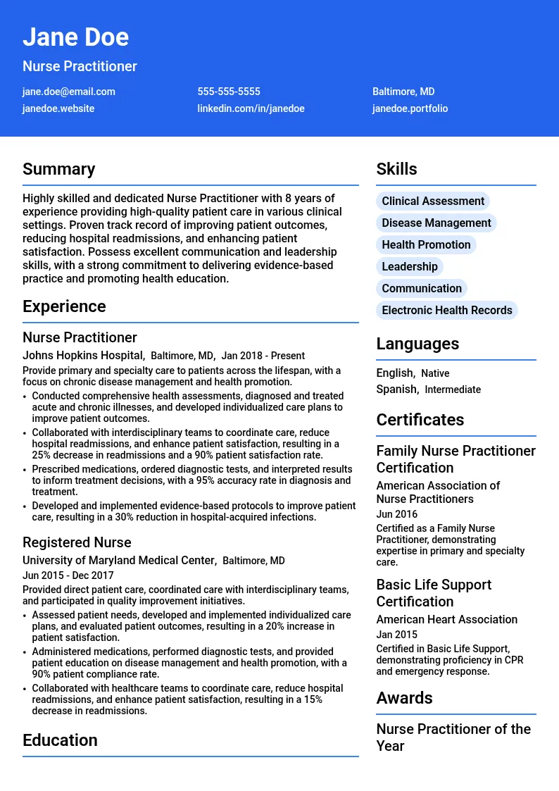 Nurse Practitioner resume example