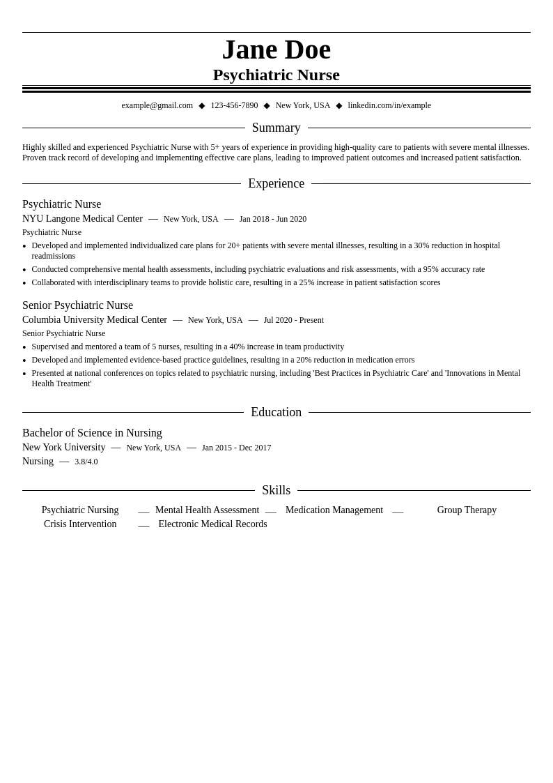 Psychiatric Nurse resume example
