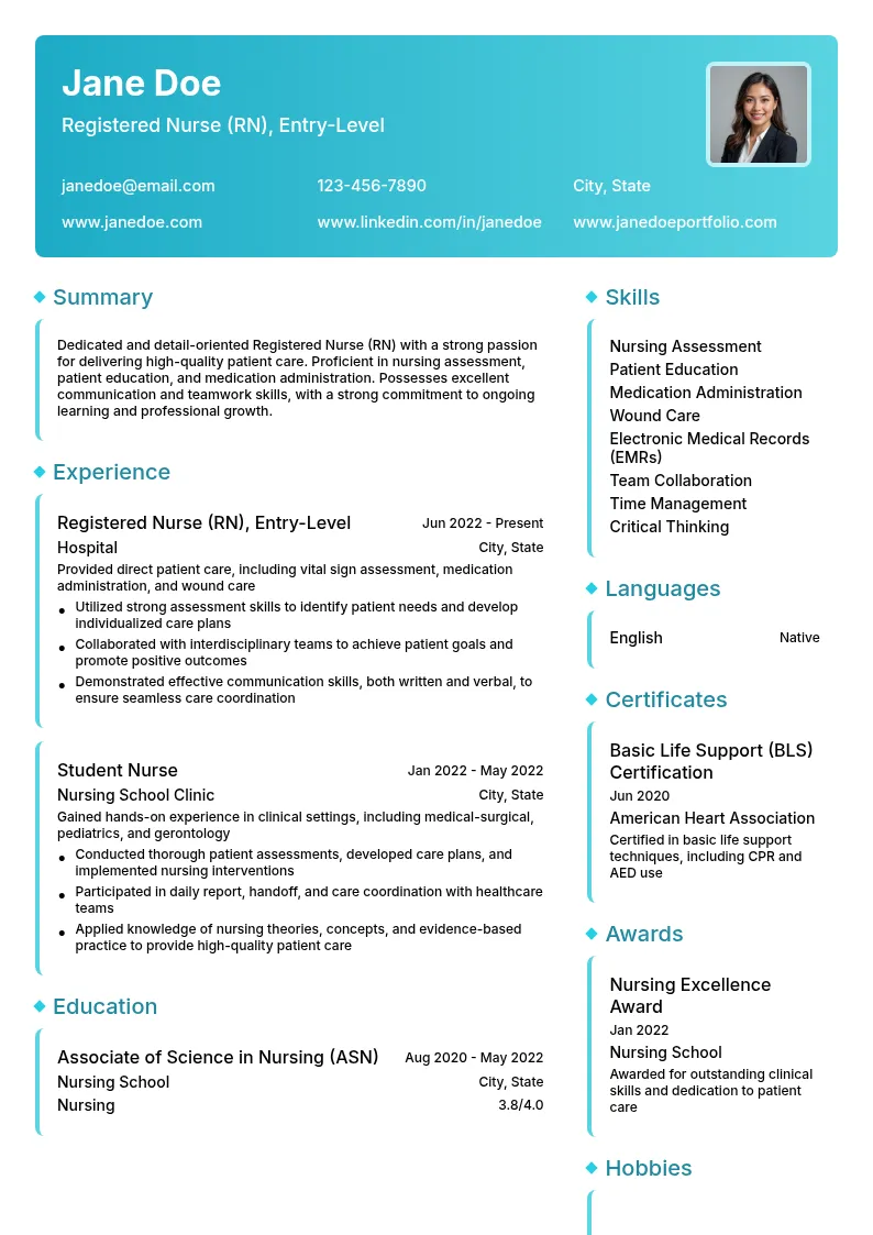Registered Nurse (RN), Entry-Level resume example