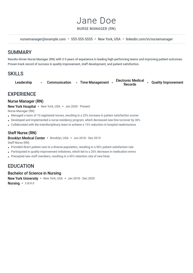 Nurse Manager (RN), 3-5 years experience resume example