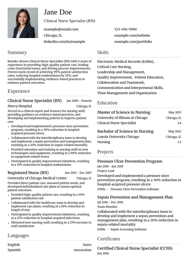 Clinical Nurse Specialist (RN), 5-7 years experience resume example