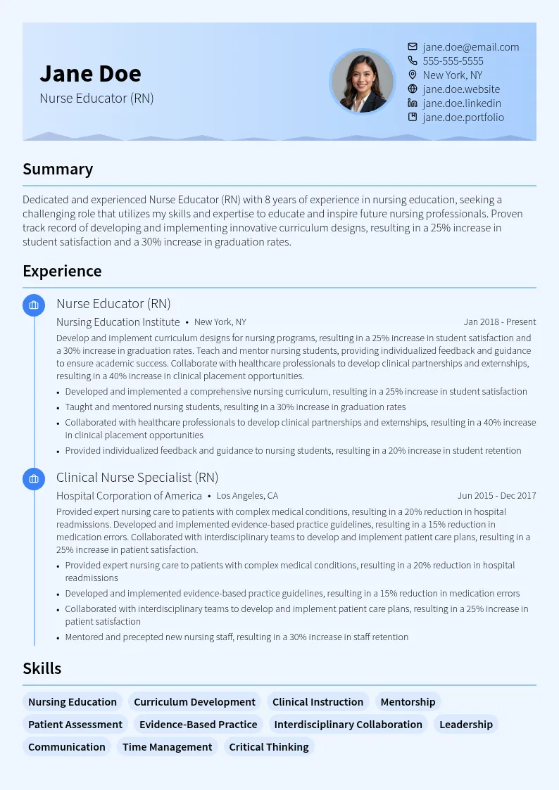 Nurse Educator (RN), 7-10 years experience resume example