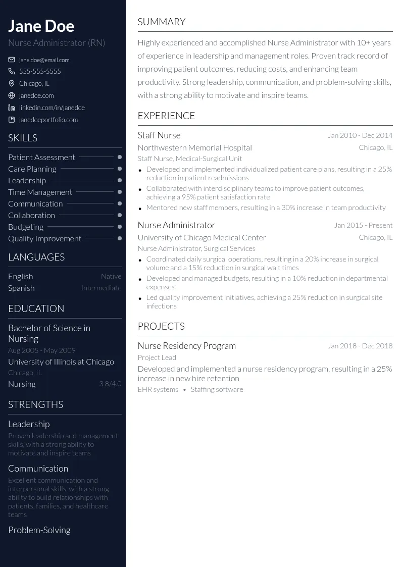Nurse Administrator (RN), 10+ years experience resume example