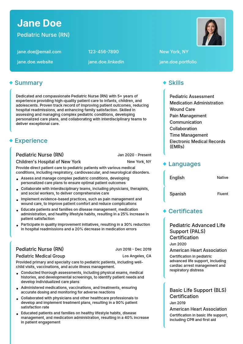Pediatric Nurse (RN) resume example