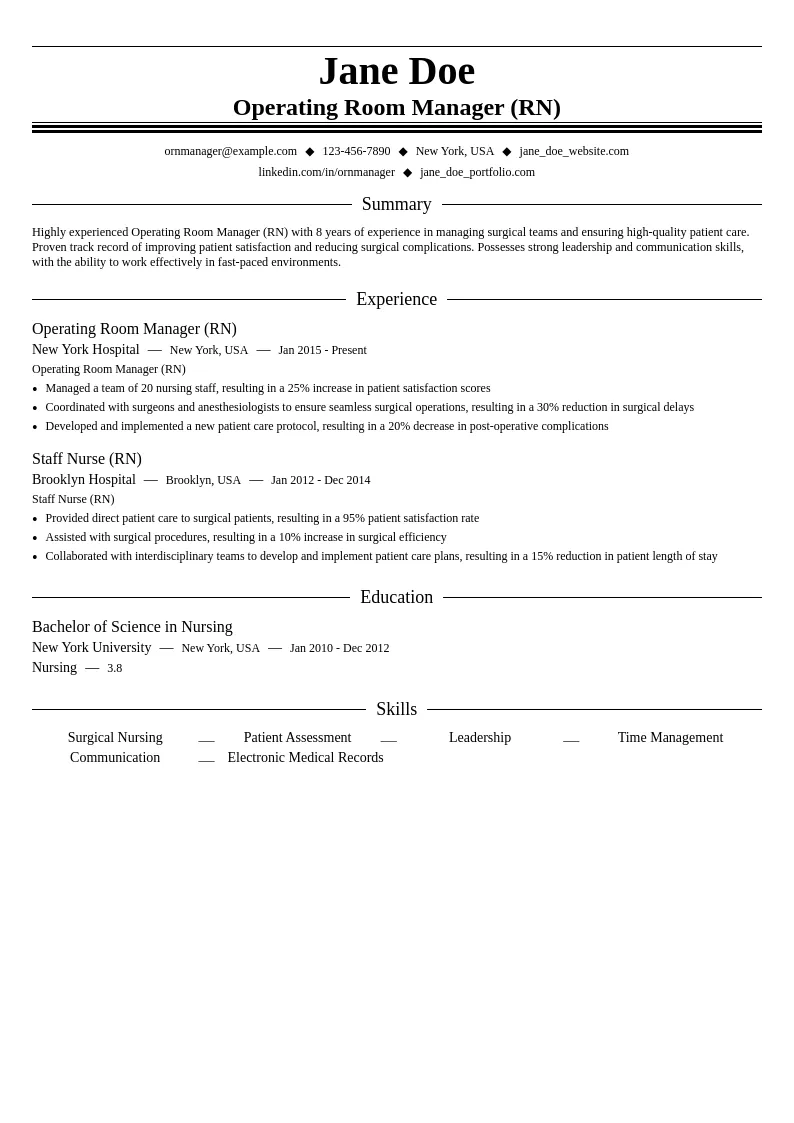 Operating Room Manager (RN) resume example