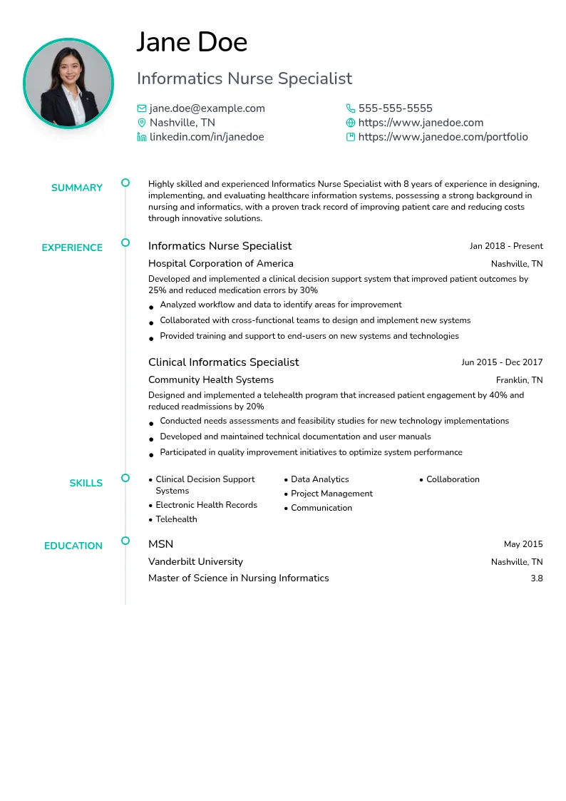 Informatics Nurse Specialist (RN) resume example