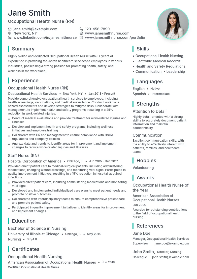 Occupational Health Nurse (RN) resume example