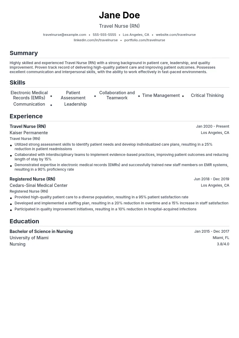 Travel Nurse (RN) resume example